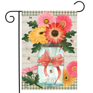 Daisies and Bees Jar Garden Flag with pink and yellow flowers in a mason jar.