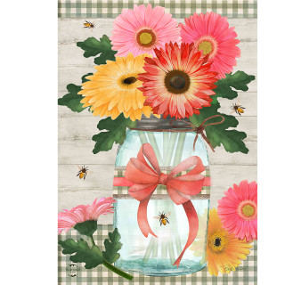 Daisies and Bees Jar Garden Flag with pink, yellow flowers, green leaves, and bees on mason jar.