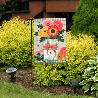 Daisies and Bees garden flag with pink, orange flowers and bees on a green background.