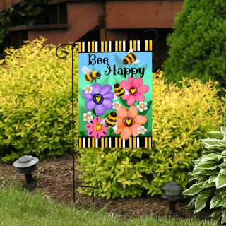 Busy Bees Garden Flag with colorful flowers, bees and "Bee Happy" text on a garden stand.