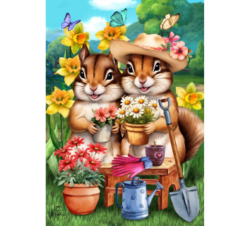 Springtime Chipmunks Garden Flag with colorful flowers and garden tools, featuring two chipmunks and butterflies.