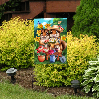 Springtime Chipmunks Garden Flag with colorful floral design and two chipmunks gardening together outdoors.