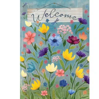 Wildflower Field Garden Flag with colorful flowers and Welcome sign on a blue background.