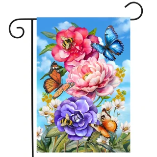 Butterflies and Peonies Garden Flag with colorful butterflies, pink, purple flowers against a blue sky.