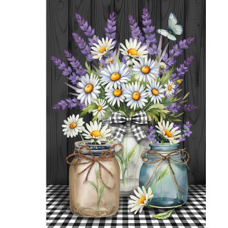 Lavender and daisies in jars and vase on checkered tablecloth with butterfly nearby.