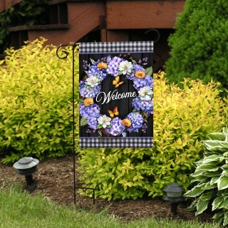 Hydrangea Wreath Garden Flag with purple flowers, butterflies, and "Welcome" on black and white background.
