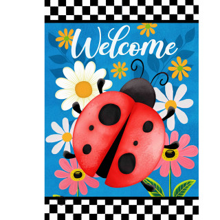 Ladybug Welcome Garden Flag with colorful flowers and checkered border on blue background.