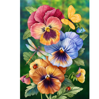 Pansy Trio Garden Flag with colorful pansies, butterfly, dragonfly, and ladybugs on a green background.