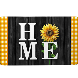 Sunflower Home Comfort Mat with yellow sunflower and gingham borders on black wood grain background.