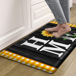 Sunflower Home Comfort Mat, black with yellow gingham border and white letters, sunflower design.
