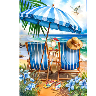 Beach Chairs Garden Flag with blue and white stripes, umbrella, and tropical beach scenery design.
