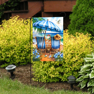 Beach Chairs Garden Flag with blue and white striped chairs and umbrella outdoor decoration.