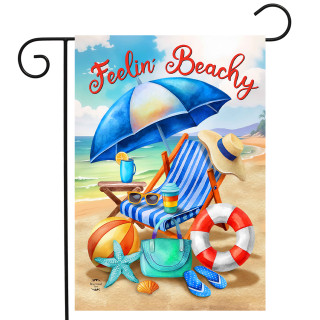 Feelin Beachy Garden Flag with beach chair, umbrella, and accessories on sandy beach scene.
