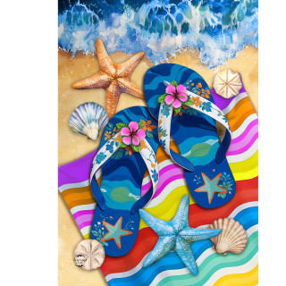 Vibrant blue flip flops with floral straps and starfish on a colorful beach towel with seashells.