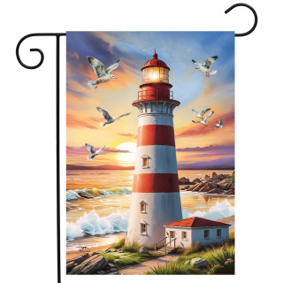 Red and white striped lighthouse at sunset with seagulls, on garden flag, coastal scene.