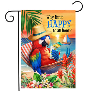 Happy Hour Parrott Garden Flag, colorful parrot in hat on beach with tropical flowers and sunset.
