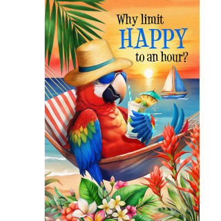 Happy Hour Parrott Garden Flag with colorful parrot on beach and tropical flowers and sunset background.