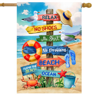 Beach Signs House Flag with colorful beach signs, seagulls, and accessories on sandy beach background.