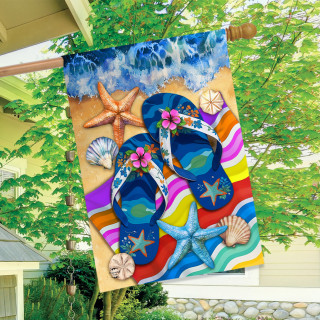 Vibrant house flag with colorful flip flops, starfish, and seashells on a beach background design.