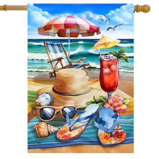 Beach Day House Flag with beach scene, hat, umbrella, chair, drink, flip flops and seashells.
