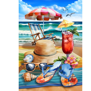 Beach Day House Flag with beach scene, hat, umbrella, flip flops, and tropical drink displayed.