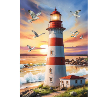 Lighthouse At Sunset House Flag, red and white striped lighthouse with seagulls at sunset.