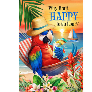 Happy Hour Parrott House Flag with colorful parrot in beach setting with tropical flowers and text.