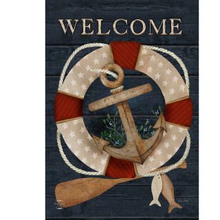 Coastal Anchor House Flag with nautical anchor design, rope, and welcome text on dark background.