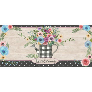 Buffalo Check Watering Can Mini Mat with colorful flowers and welcome text on rustic wood background.