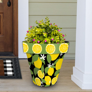 Large Lemons Planter with green leaves and pink flowers on a wooden porch outside a doorway.