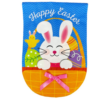 Burlap garden flag with white bunny, Easter eggs, and Happy Easter text on blue background.