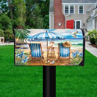 Beach Chairs Large Oversized Mailbox Cover with blue and white striped beach chairs and umbrella design.