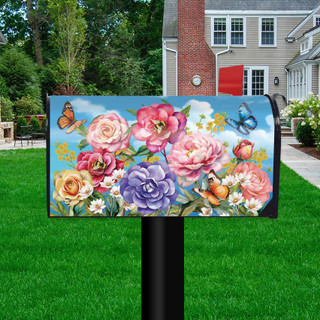 Butterflies and Peonies large oversized mailbox cover with colorful flowers and butterflies on blue background.