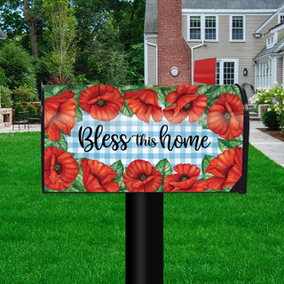 Bless This Home checkered mailbox cover with red poppies on green and blue background.