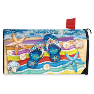 Flip Flop Haven Mailbox Cover with colorful beach scene, starfish, seashells, and blue floral flip flops.