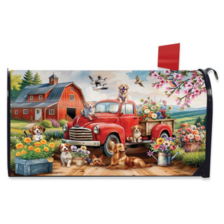 Farm Pups Mailbox Cover with colorful farm scene and red truck surrounded by flowers and dogs.