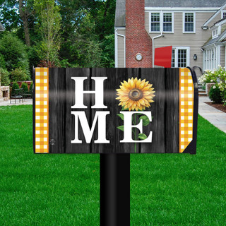 Sunflower Home Mailbox Cover with white HOME text on black wood grain background with yellow accents.