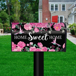 Home Sweet Home Hummingbirds Mailbox Cover with pink roses and hummingbirds on black background.