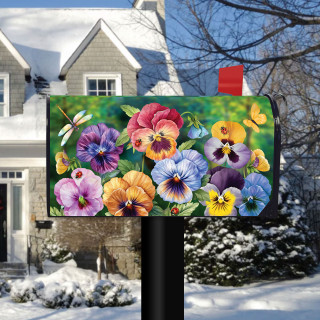 Pansy Trio colorful floral design on a mailbox cover with vibrant purple, pink, yellow, and blue flowers.