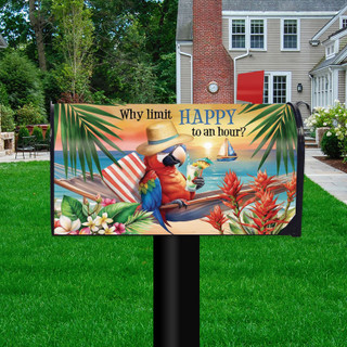 Happy Hour Parrott colorful mailbox cover with tropical design and blue parrot on beach scene.