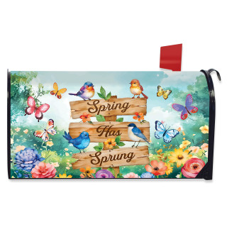 Spring Has Sprung Sign Mailbox Cover with colorful birds, butterflies, and flowers design.