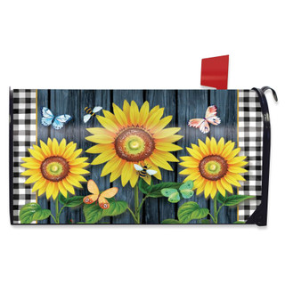 Blooming Sunflowers Mailbox Cover with butterflies and checkered border on white background.