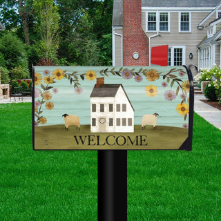 Country Saltbox Mailbox Cover with floral design, house, sheep, and welcome text on green background.