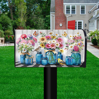 Blue Jar Bouquets floral mailbox cover with colorful flowers and blue jars on a wooden background.