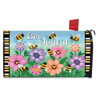 Busy Bees Mailbox Cover with colorful flowers, bees, and "Bee Joyful" text on blue background.