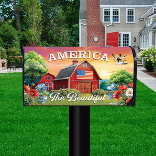 American Barn Mailbox Cover with patriotic barn, flowers, and "America The Beautiful" text on lawn.