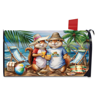 Summer Chipmunks Mailbox Cover, beach scene with chipmunks, palm trees, and colorful beach chairs depicted.