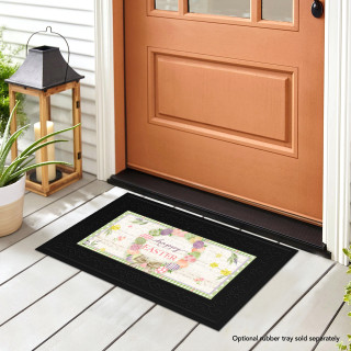 Black Easter Egg Wreath Mini Mat with colorful eggs and floral design on front porch.