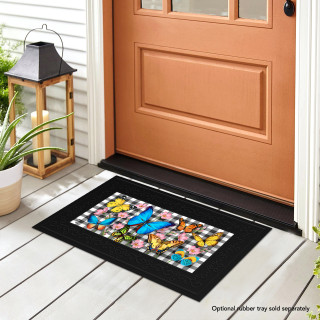 Black Checkered Butterflies Mini Mat with colorful butterflies on a porch in front of a door.
