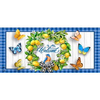 Lemon wreath welcome mini mat with colorful butterflies and blue bird on white wood background.